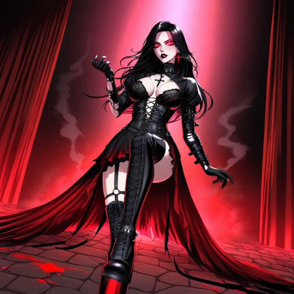 professional 3d model <lora:Gothic&Metal Girls-IL:1> gothmetalgs, dark fantasy style,vampiric gothic woman, destroyed vandalized club, shattered mirrors, broken disco balls, red velvet curtains torn and stained, dim red lights, heavy smoke layers, elegant dark lace dress, leather corset, thigh-high platform boots, dripping blood from ruby red lips, piercing glowing eyes, long flowing black hair, pale porcelain skin, intricate jewelry with gothic crosses, eerie and decadent aesthetic, cinematic mystery . octane render, highly detailed, volumetric, dramatic lighting