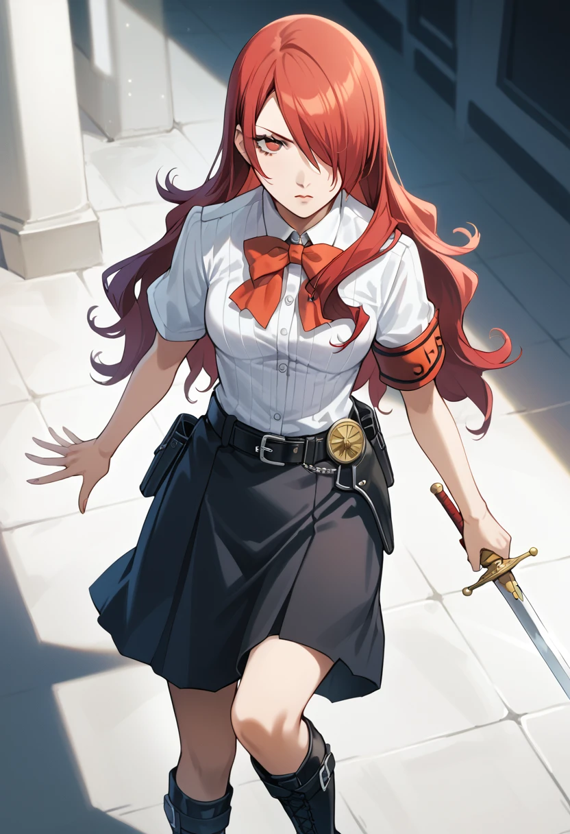 score_9, score_8_up, score_7_up, (source_anime), 1 girl, solo,
p3mitsuru, long hair, hair over one eye, white shirt, red bowtie, black skirt, knee boots, black footwear, gekkoukan high school uniform, armband, sees uniform, holster, belt, gun, holding, sword, holding weapon, rapier
masterpiece, best quality, ultra detailed, absurdres, very aesthetic