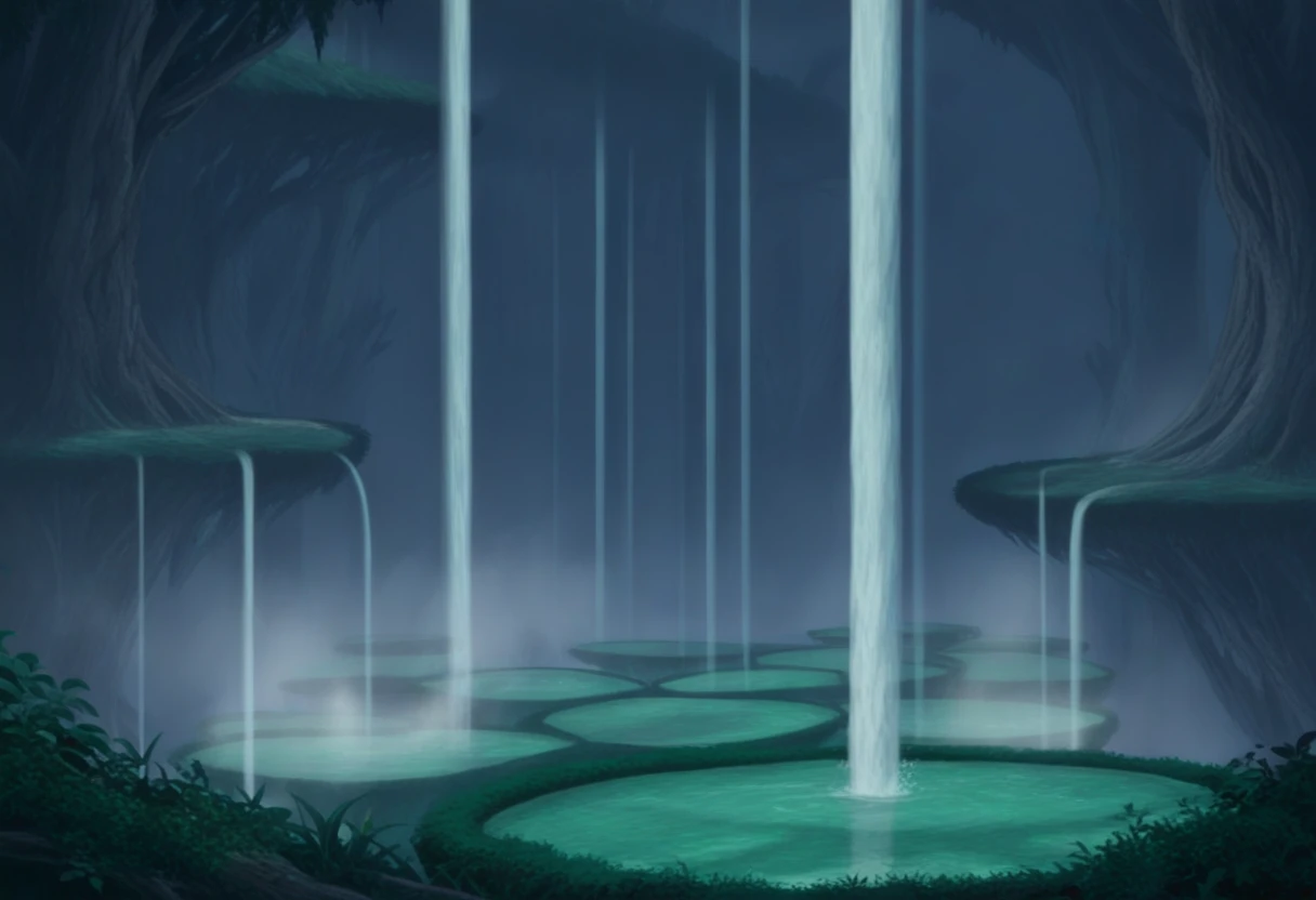 <lora:MiAbyss-IL-15:1> miabyss, gobletsofgiants, no humans, flat creeper, branch, water, fog, forest, plant, steam, dark,