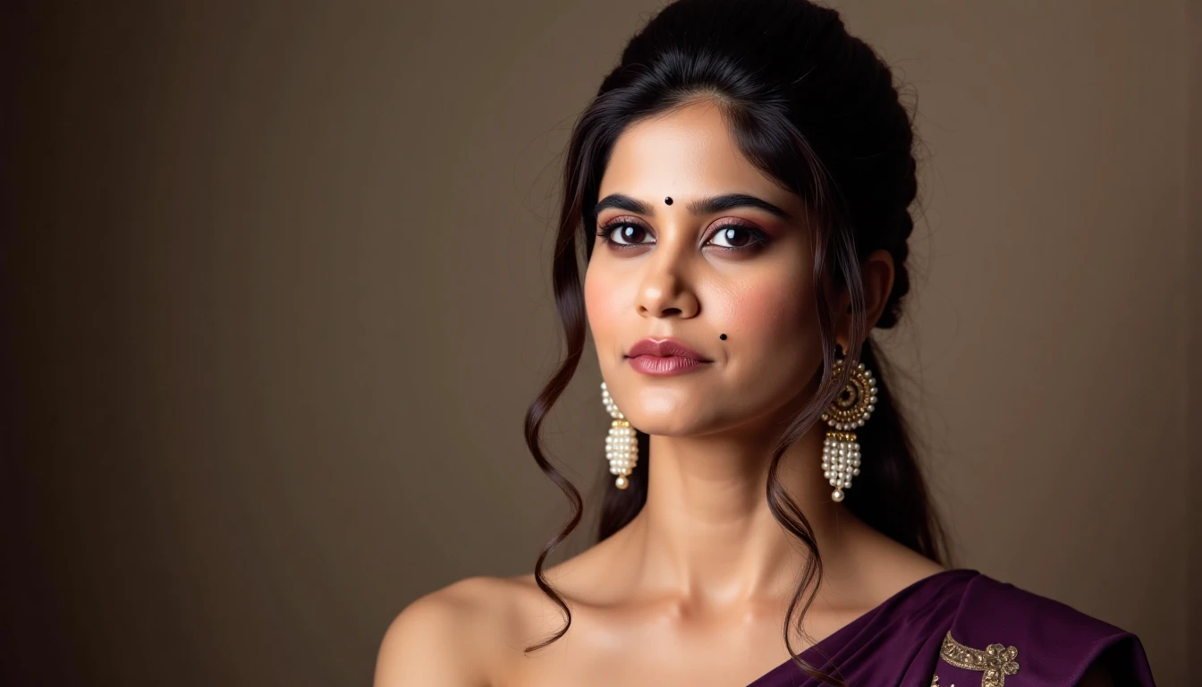 Close-up portrait of aditipoukohwx with a contemplative expression. Light makeup with soft, rosy blush and brown eyeshadow, complemented by a neutral lip color.  A traditional bindi adorns her forehead.  She wears a deep purple, pleated, sleeveless gown or saree.  The fabric has a subtle sheen, and embroidered details are discernable.  Pearlescent, gold-toned earrings, with a cascading cluster of small pearls, dangle from her ears.  The background is a muted, taupe-brown tone, creating a soft, elegant backdrop that illuminates but does not distract from the subject.  The lighting is soft and diffused, casting subtle shadows that highlight the subject's facial features, highlighting the texture of the hair. Composition is a close ¾ view, showcasing the subject from the shoulder up, allowing for a detailed portrait aesthetic.  The image has a serene and thoughtful mood, evoking a meditative quality. Light and subtle artistic style with slight romantic nuances.