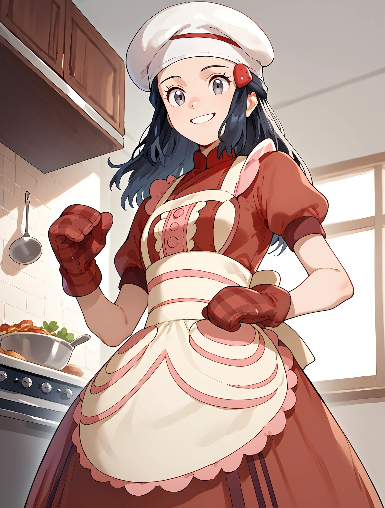 Pretending to hold a heavy box, From Below,  solo, 1girl,  smile, Kitchen, <lora:DawnPony:1> Dawn_Valentin, medium hair, black hair, grey eyes, hair ornament, chef hat, white apron, buttons, red dress, short sleeves, red mittens, red footwear,, score_9, score_8_up, score_7_up,