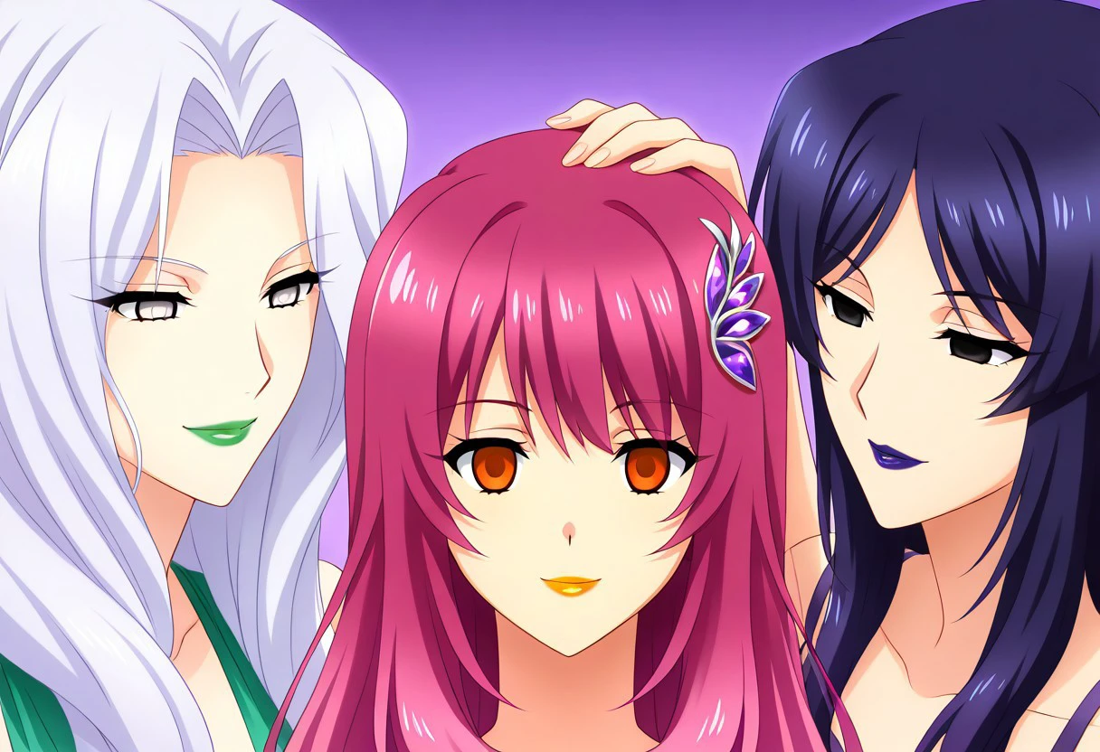 anime, empty eyes, hypnotized, two females, lipstick, red lipstick, yellow lipstick, green lipstick, blue lipstick, purple lipstick, black lipstick, glossy lips, wet lips, sexy smile, emotionless, adult, casual dress, long hair, white hair, black hair, green hair, red hair, yellow hair, pink hair, purple hair, blue hair, hair decoration, red eyes, orange eyes, yellow eyes, green eyes, blue eyes, purple eyes, pink eyes, black eyes, white eyes, close up, hand on head