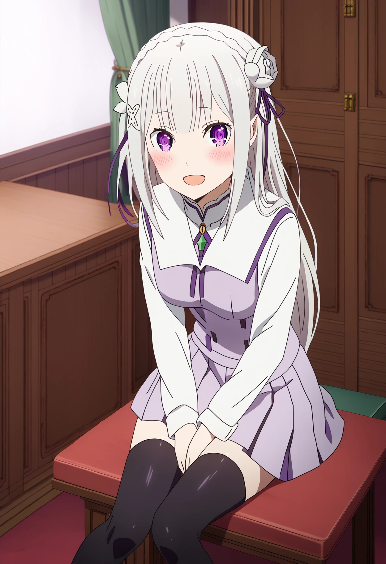 score_9, score_8_up, score_7_up, source_anime,
BREAK
<lora:shiLoveisWarStyleV1:1>, shilovewarstyle, 
1girl, solo, 
<lora:shiEmiliaV2:1> shimilia, long hair, grey hair, purple eyes, pointy ears, crown braid, hair flower, hair ribbon, purple ribbon, x hair ornament, 
looking at viewer, smile, indoors, 
school uniform, white shirt, purple skirt, pleated skirt, black thighhighs, sitting, open mouth, blush,