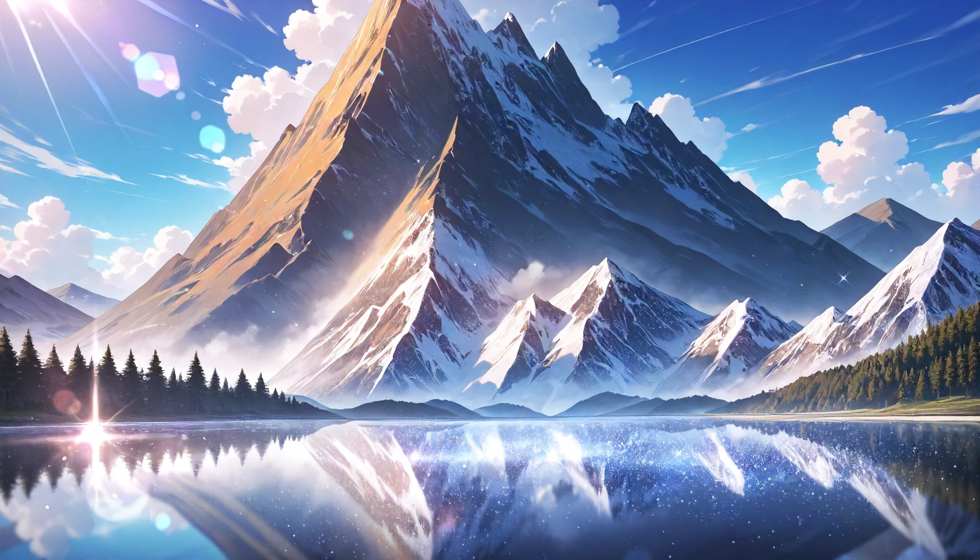 masterpiece,best quality,good quality,newest,
detailed background,mountain,lake,nature,cloud,blue sky,glitter,lens_flare,