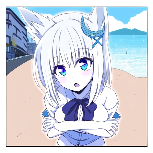 naked white shirt, see-through legwear, floppy ears, anchor print, against glass, pov, casual, happy, pale skin, grabbing another's breast, hickey, city, x hair ornament, curvy, clothes lift, single sidelock, border, hand on own cheek, fins, head wreath, jewelry, yellow footwear, :o, beach, purple bowtie, groin, lower teeth only, sleeves past wrists, bowtie, necktie, bow earrings, white ribbon, floral background, :t, messy, white pupils, knees up, v arms, condom wrapper, bow, parted lips, bare shoulders, top hat, thighs, shirakami fubuki, crossed arms, zettai ryouiki