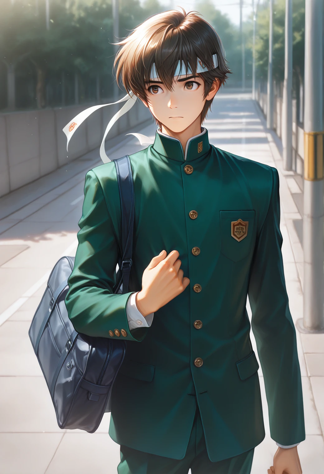 masterpiece,best quality,
mamoru,1boy,male focus,solo,brown eyes,brown hair,short hair,headband,raimon,school uniform,gakuran,jacket,green jacket,buttons,long sleeves,buttons,pants,green pants,bag,school bag,
outdoor,