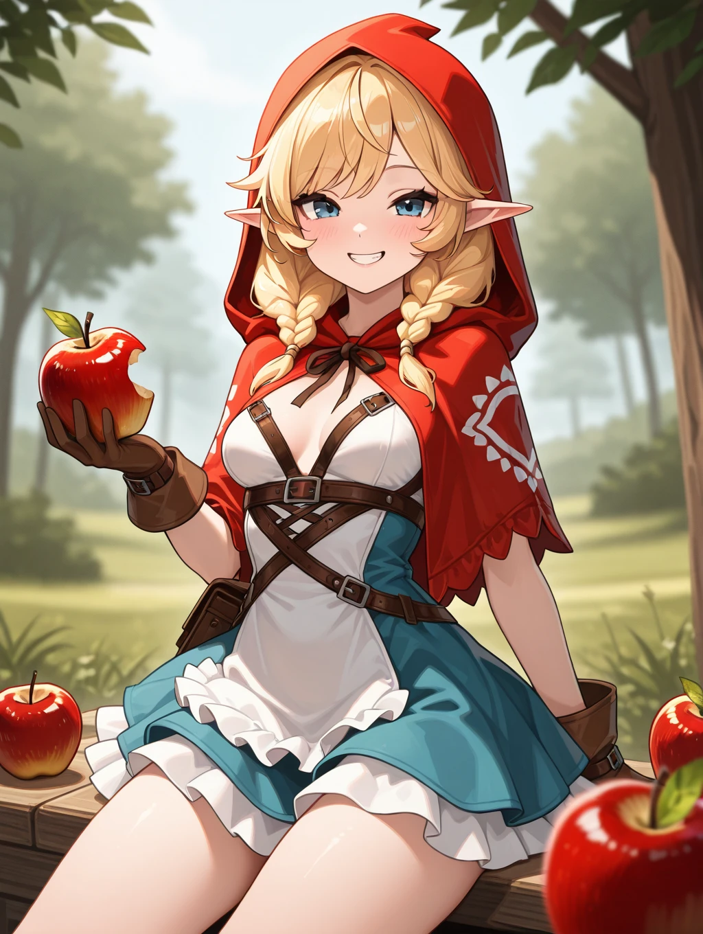 elvira, 1girl, solo, looking at viewer, smile, blue eyes, blonde hair, gloves, braid, food, pointy ears, hood, grin, twin braids, fruit, elf, brown gloves, apple, red hood, little red riding hood (grimm)

masterpiece, best quality,amazing quality, very aesthetic, absurdres, depth of field, blurry background, extremely detailed face, detailed eyes