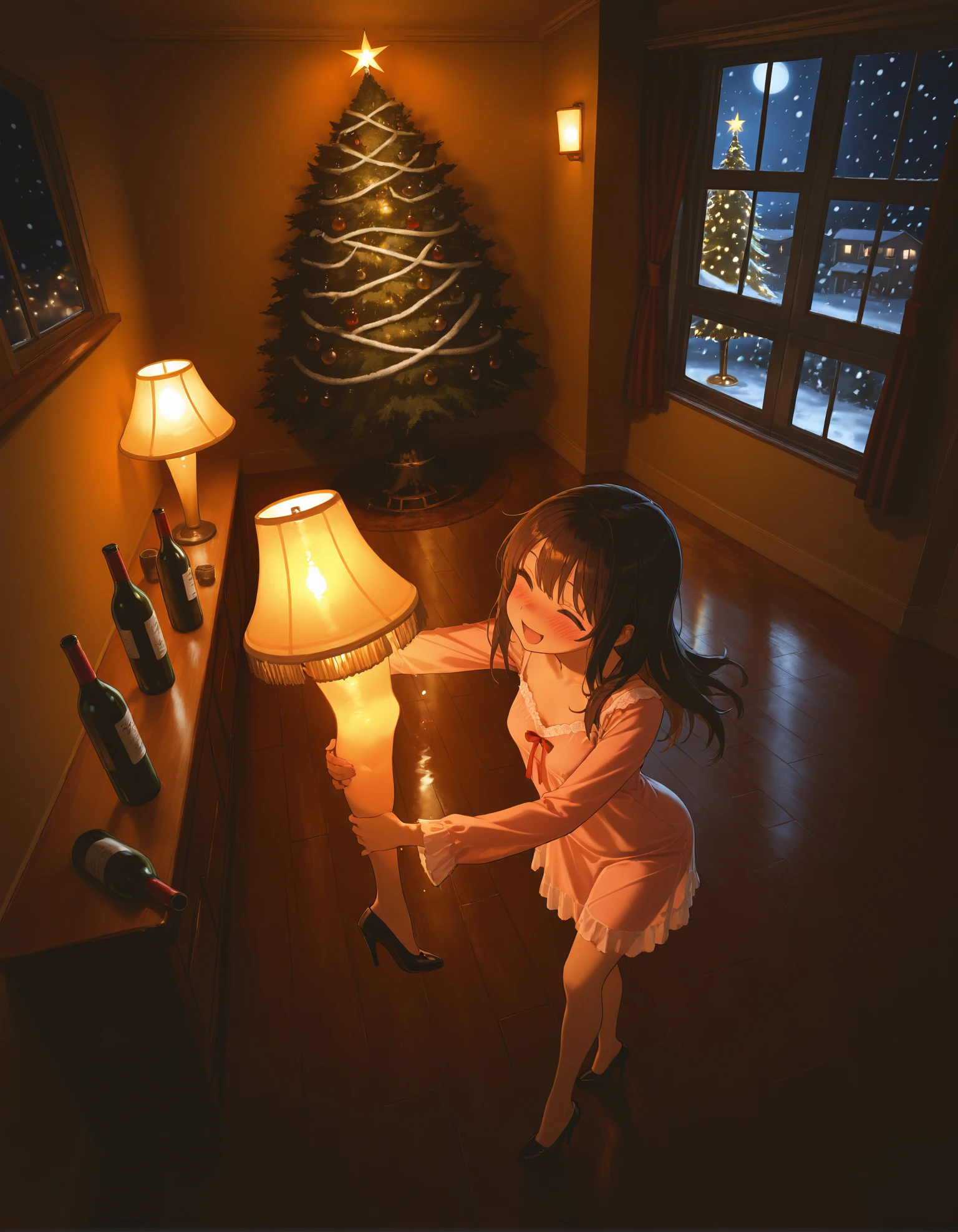 masterpiece, best quality, amazing quality, very aesthetic, high resolution, ultra-detailed, absurdres,
from above,
1girl, nightgown, (hugging leglamp:1.2), dancing, drunk, happy, wine bottles on the floor,
residential home, window, christmas theme, christmas tree, interior night, cinematic lighting, 
snowing,