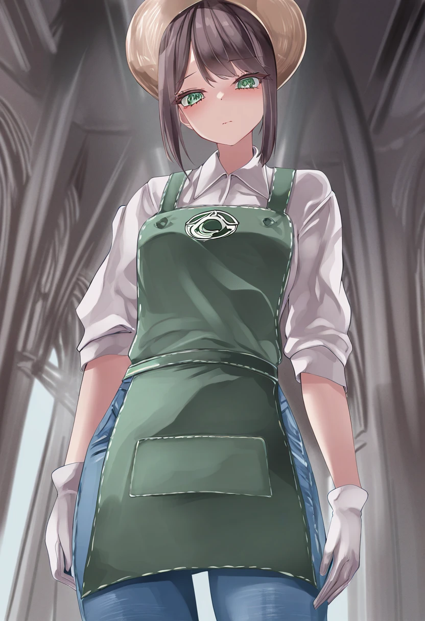 (masterpiece, high quality, amazing detail), highres, very awa, very aesthetic, absurdres, year 2024, sougetsu izuki, 
1girl, emma_woods, looking at viewer, brown hair, green eyes, standing, white shirt, boots, collared shirt, white gloves, apron, denim, blue pants, hat, looking down, sad  <lora:emma_wood-000009:1>