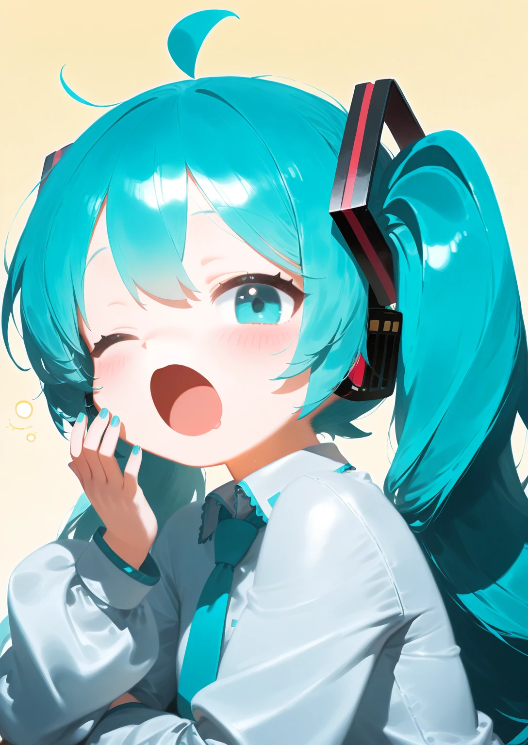 1girl,solo,hatsune miku,one eye closed,long hair,open mouth,twintails,yawning,ahoge,upper body,blush,simple background,aqua hair,long sleeves,aqua eyes,blue hair,bangs,necktie,shirt,nail polish,looking at viewer,;o,blue eyes,hair ornament,
blue archive,<lora:XI410_type1:1>,