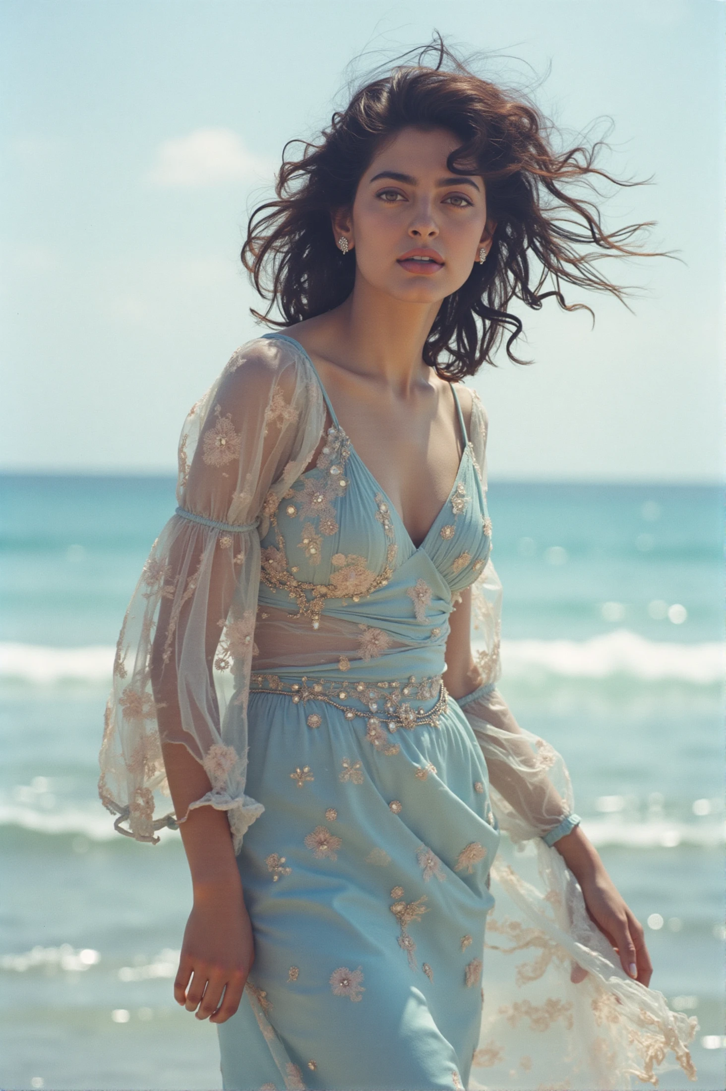 (photo of juhiflx, a pretty brunette woman), editorial photoshoot, long flowy dress, close up, on a beach, shot on film camera, kodak colors, close up, elegant pose, perfect lighting, beautiful sky behind, beautiful smile, 90mm lens, extremely detailed, in an exotic location like maldives