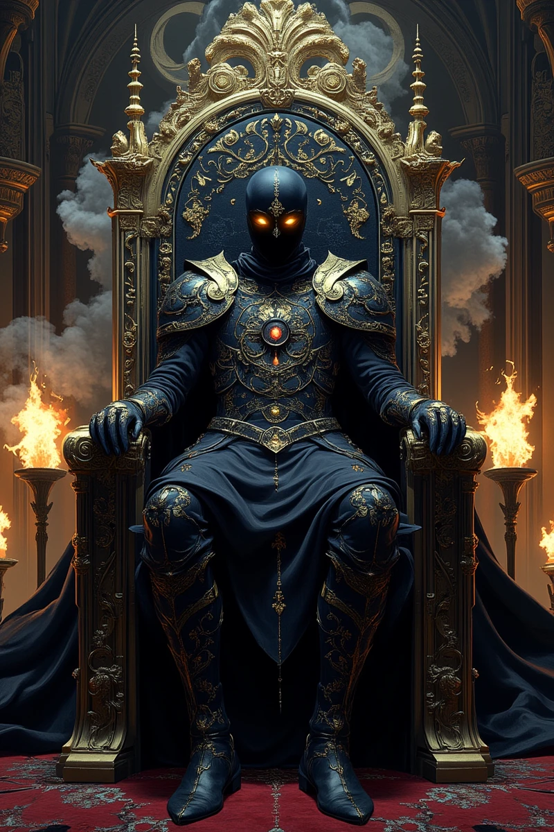 hs,In a grand throne room, a dark sorcerer clad in ornate black armor adorned with gold filigree sits upon a sprawling obsidian throne. His piercing eyes glow **** molten gold, and swirling shadows coalesce around him, lending an air of mystery. The room is illuminated by flickering torchlight, casting flickering shadows against the intricate stonework. The ambiance has a Baroque elegance mixed with a dark fantasy theme, reminiscent of artists **** Richard Kirk and Frank Frazetta.