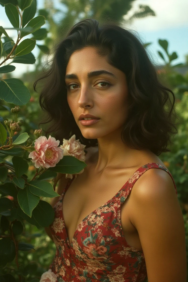 (photo of a woman), editorial photoshoot, close up, in a floral garden, shot on film camera, kodak colors, elegant pose, perfect lighting, beautiful sky showing through the leaves, she is wearing a top with floral prints, 90mm lens, extremely detailed, in an exotic forest location