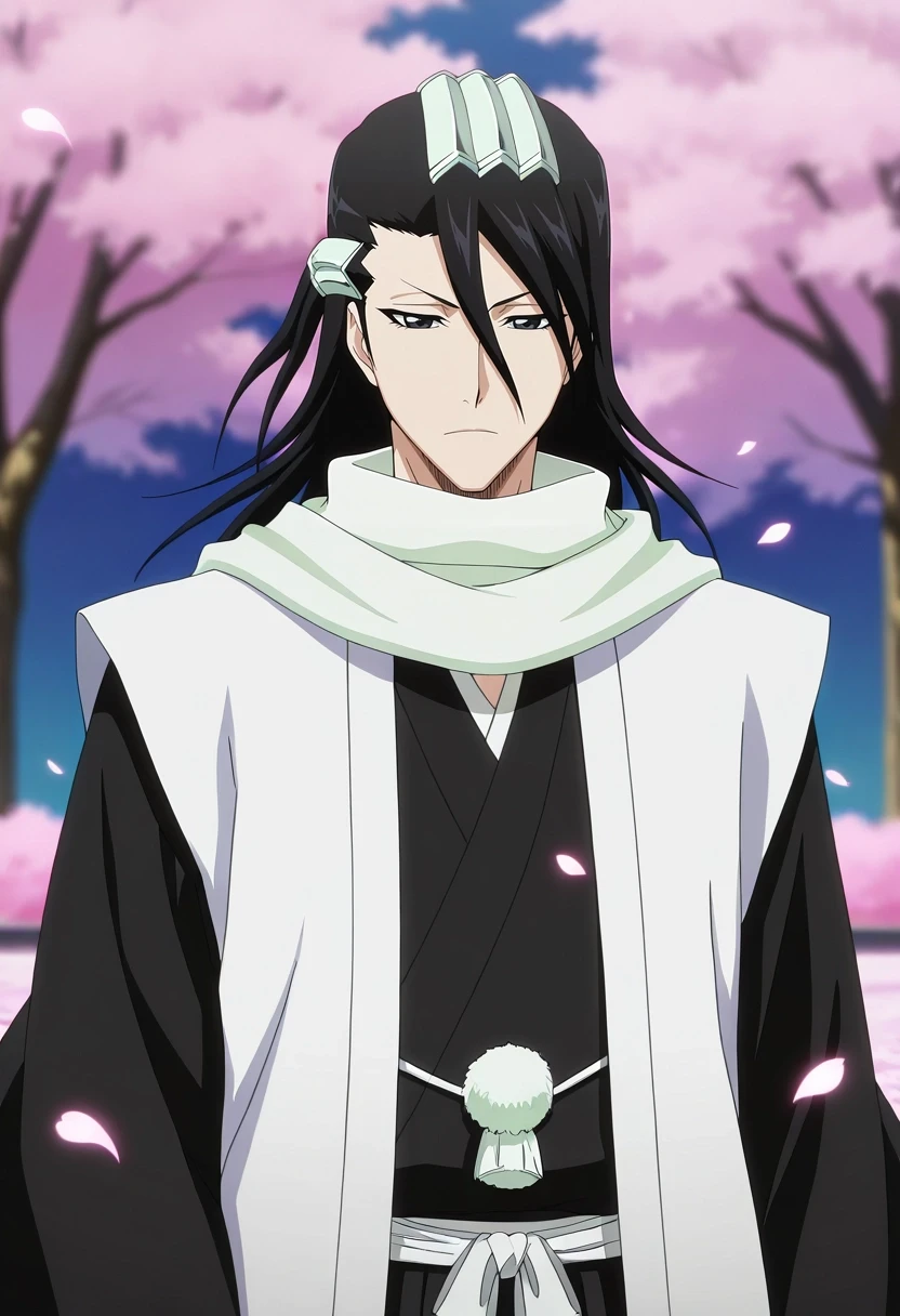 masterpiece, best quality, intricate details, anime screencap, anime coloring, official style, , depth of field, 1boy, solo, male focus, <lora:byakuya_kuchiki_ilxl:1>, byakuya_kuchiki, black hair, black eyes, long hair, scarf, japanese clothes, haori, petals, hair ornament, hair between eyes, , ,