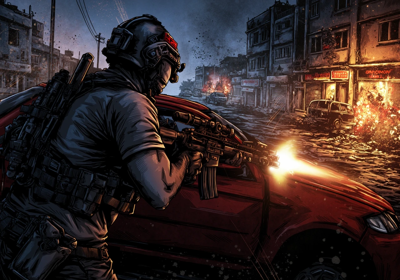 BPRE art of an operator firing his tactical carbine, he wears a high cut helmet and tactical chest rig, he is fighting from behind a destroyed car, a burning city store front in the distance and explosions under heavy fire, in a destroyed city in an intense combat scene at night<lora:BPRE-000013.safetensors:1.0:1.0>