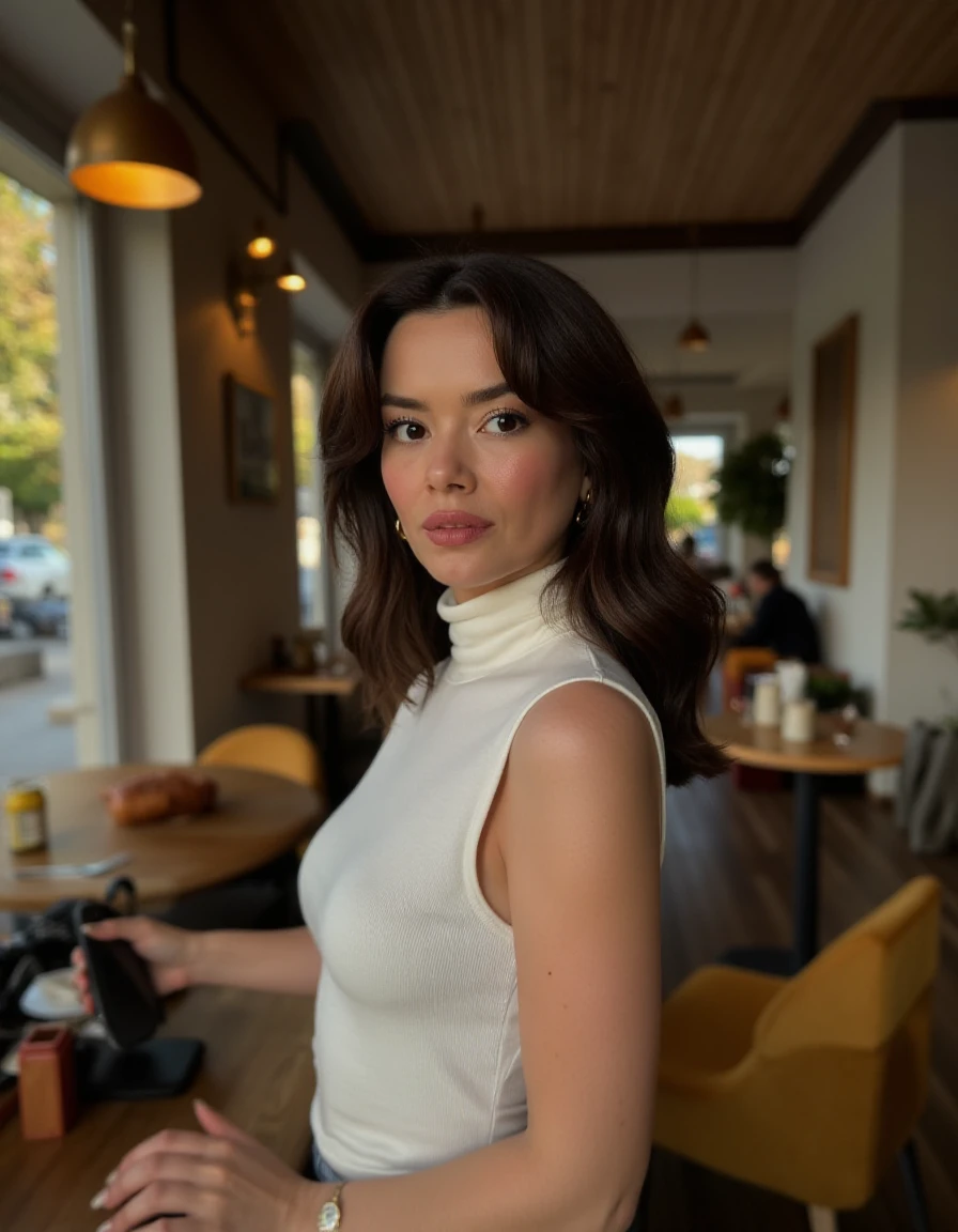 Highly detailed image of a woman with dark hair wearing a sleeveless turtleneck dress standing in a cafe looking at the viewer  <lora:Seray Kaya:1>