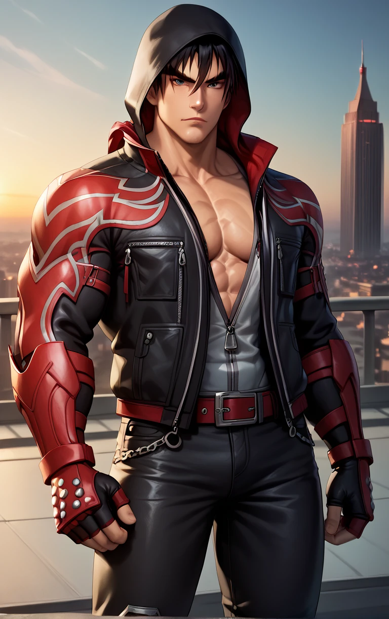 male focus, jin kazama, jacket, zipper, fighting stance, pants, fingerless gloves, shirt, boots, upper body
masterpiece, best quality, absurdres,