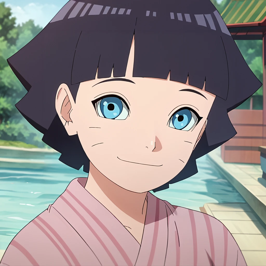 sharp focus, pixiv masterpiece, intricate details,  source_anime,  score_8_up, score_7_up, score_9,  absurd res,<lora:himawari_ponyxl_13:1> ,  uzumaki_himawar1, academyhima, headshot, yukata, looking at viewer,  smile, close-up, sakura blossom, outside, sunset