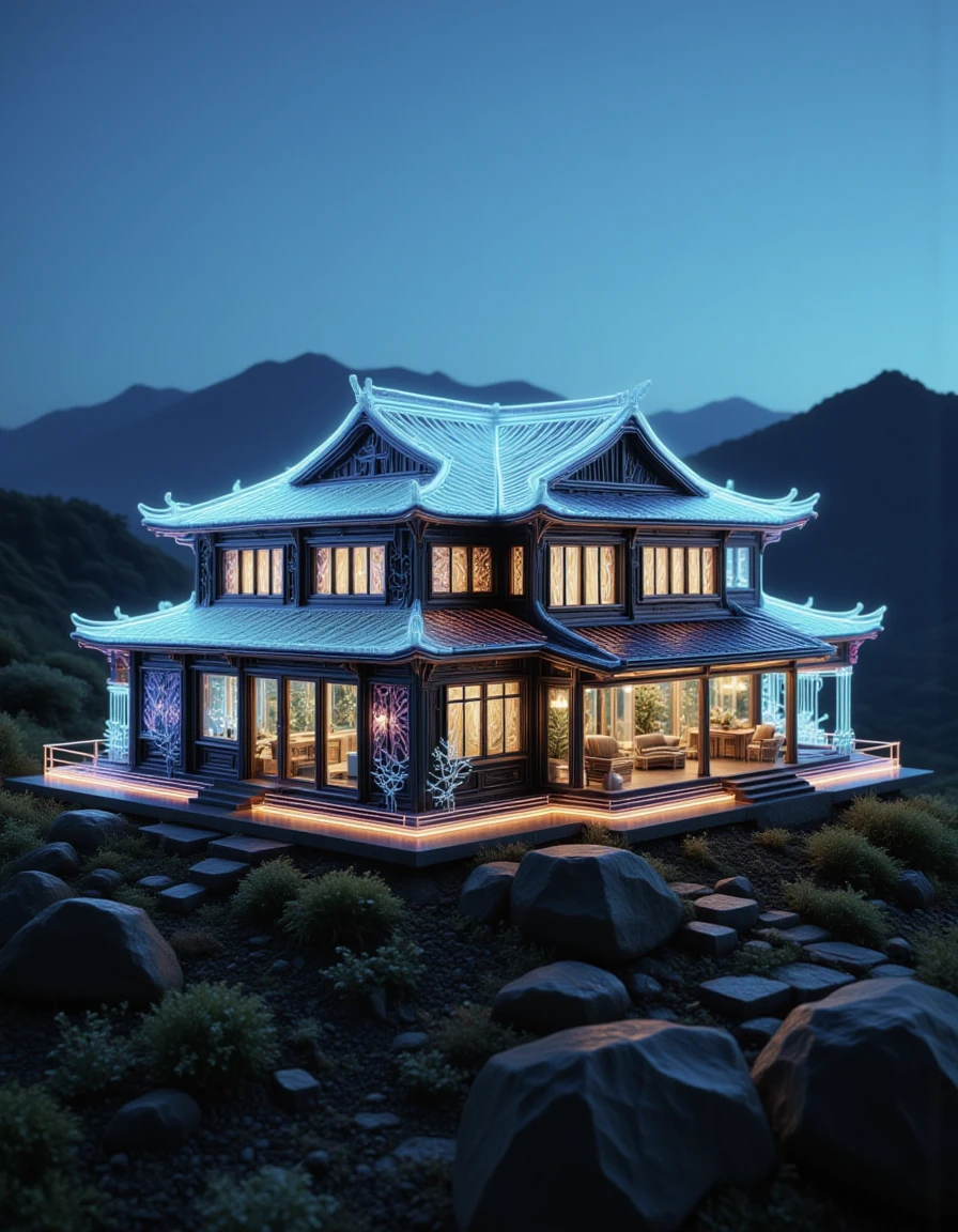 <lora:glass_fiber_512_v2_dev_f1_k:1> an digital image,  see through, design of a Korean house with neon glass fiber, on the side of a mountain to one side