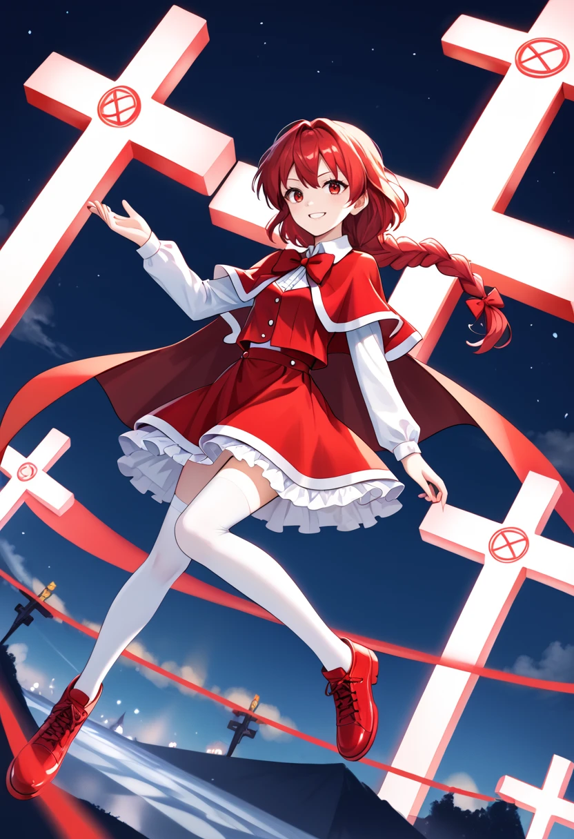 score_9_up, score_8_up, score_7_up, BREAK source_anime, (masterpiece), (best quality),1girl, okazaki yumemi, red hair, bow, red eyes, long hair, capelet, braid, red skirt, red vest, white shirts, long sleeves, red ribbons, red capelet, flying, slightly smile, (from front:0.5), (ultra detailed), shine, colorful lights, danmaku, cross_background, hexagram, red colored shoes, white stockings, <lora:yumemi_okazaki(touhou)-V1:1>