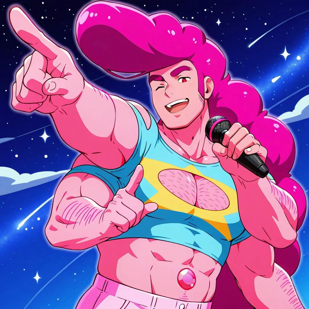 score_9, score_8_up, score_7_up, score_6_up, source_anime,  BREAK, Steg_Multiverse, male, 4 arms, pompadour, long hair, blue crop top, cleavage cutout, shoulder cutout, belly gem, night sky, smile, open mouth, mature male, wink, pointing finger at veiwer, holding microphone, pink glow