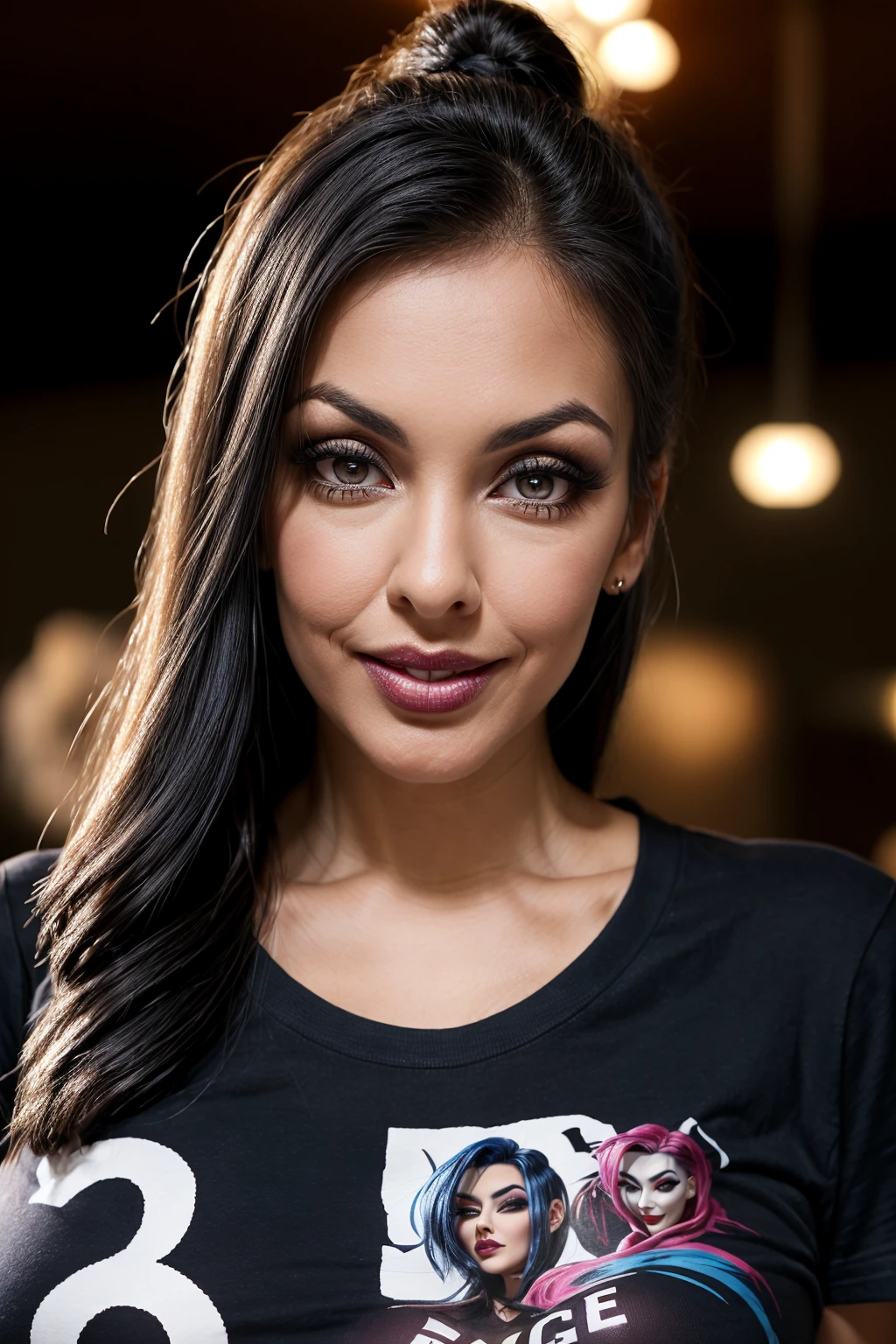 realistic,best quality,(masterpiece:1.2),absurdres, intricate details. A stunning, captivating mexican latina woman called Nina Mercedez with (dark brown eyes:1.3) stands confidently at a glamorous New Yearâs Eve celebration. She (wears a crew neck brown t-shirt with Jinx from league of legends printed on it:1.4).Her sultry gaze meets the viewerâs, her lips curved into a playful smile. Her wavy, jet-black hair cascades over her shoulders, accentuating her radiant beauty and her seductive smile.
The setting is a botanical landscape in a floral background. The camera captures her from a wide angle, using an 85mm lens for a cinematic feel, with a shallow depth of field blurring the background. A soft bokeh effect enhances the atmosphere, adding depth and magic to the scene.  <lora:nina_mercedez_LoRA_0.1:1>, mrcdz, mercedez,
massive breasts, fake breasts, <lora:Serious_Fakes:0.7>, <lora:more_details:0.7>, from front, ((looking at viewer)). <lora:lora_perfecteyes_v1_from_v1_160:0.7>, photo of perfecteyes eyes, perfecteyes. perfect hands, detailed hands. <lora:Hand v3 SD1.5:0.7>