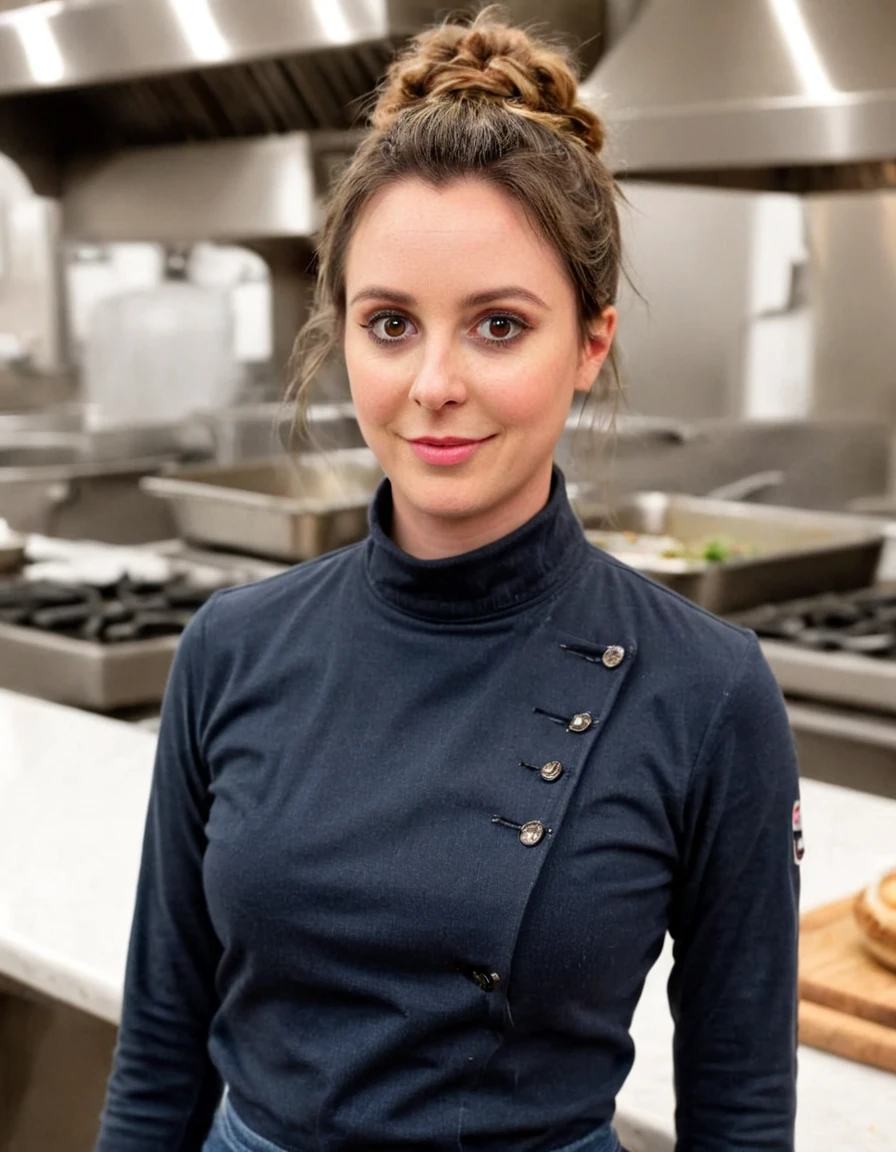 a professional absurdres raw intricately detailed sharp focus close full torso photograph of beautiful Delaney_Tabron, 
wearing a turtleneck long-sleeved shirt under an intricately stitched chef coat and high-wasted {leggings|jeans|skirt}, with a random hairstyle, 
making eye contact, high-quality close-up photo of a gorgeous chef, silly, looking at the viewer as if to say "blerg" with her lips, background is a large commercial kitchen filled with judgemental lemurs, blurry background, bokeh,
 <lora:Delaney_Tabron-SDXL:0.8>