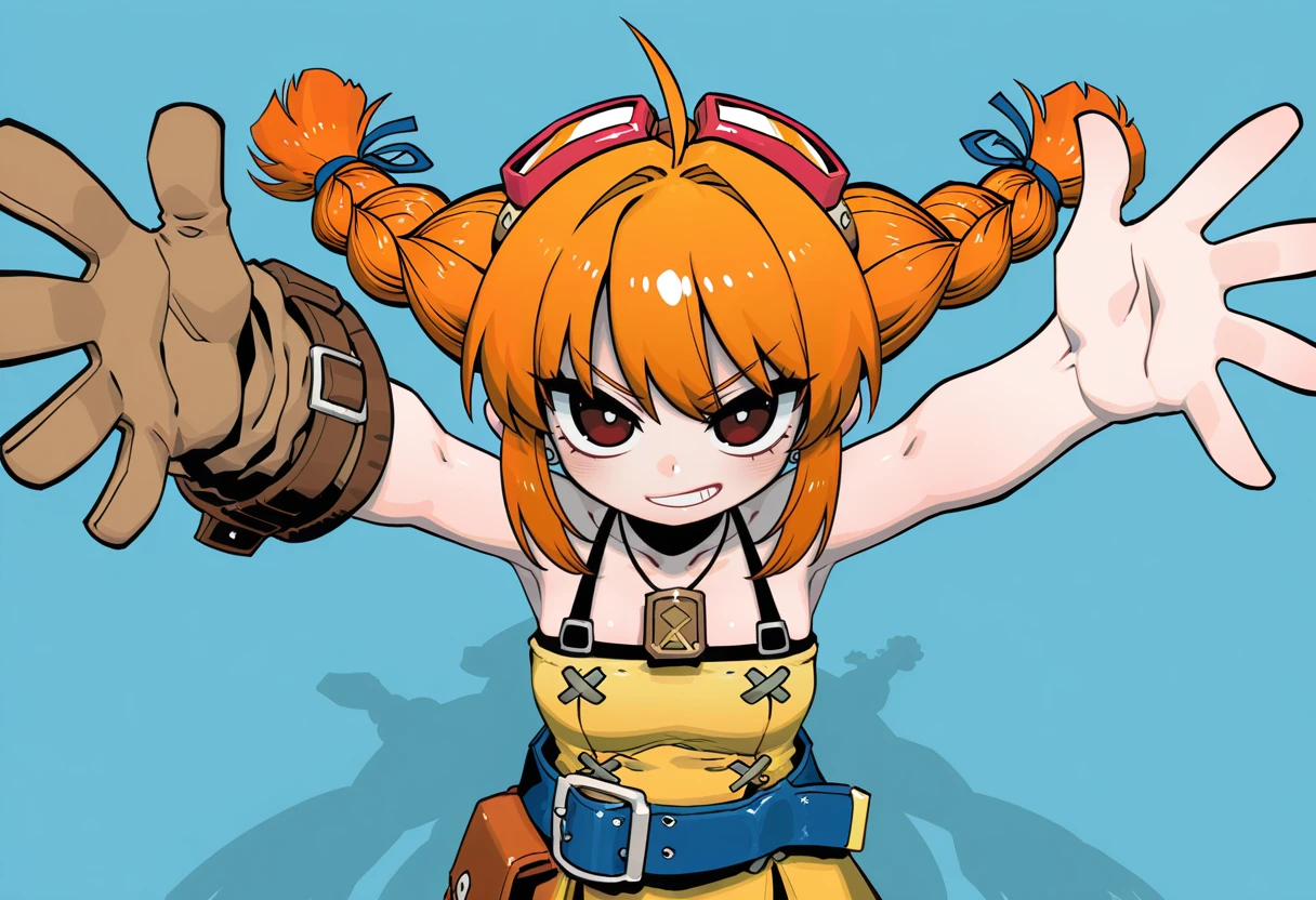 naga u, ssambatea, infukun, 1girl, solo, aika, aika \(eternal arcadia\), orange hair, brown eyes, low twintails, twin braids, goggles, single glove, from above, looking up, reaching towards viewer, arms up, grabbing, smirk,
absurdres, highly-detailed, best quality, masterpiece, very aesthetic, <lora:Aika_Eternal_Arcadia-000077:0.6>