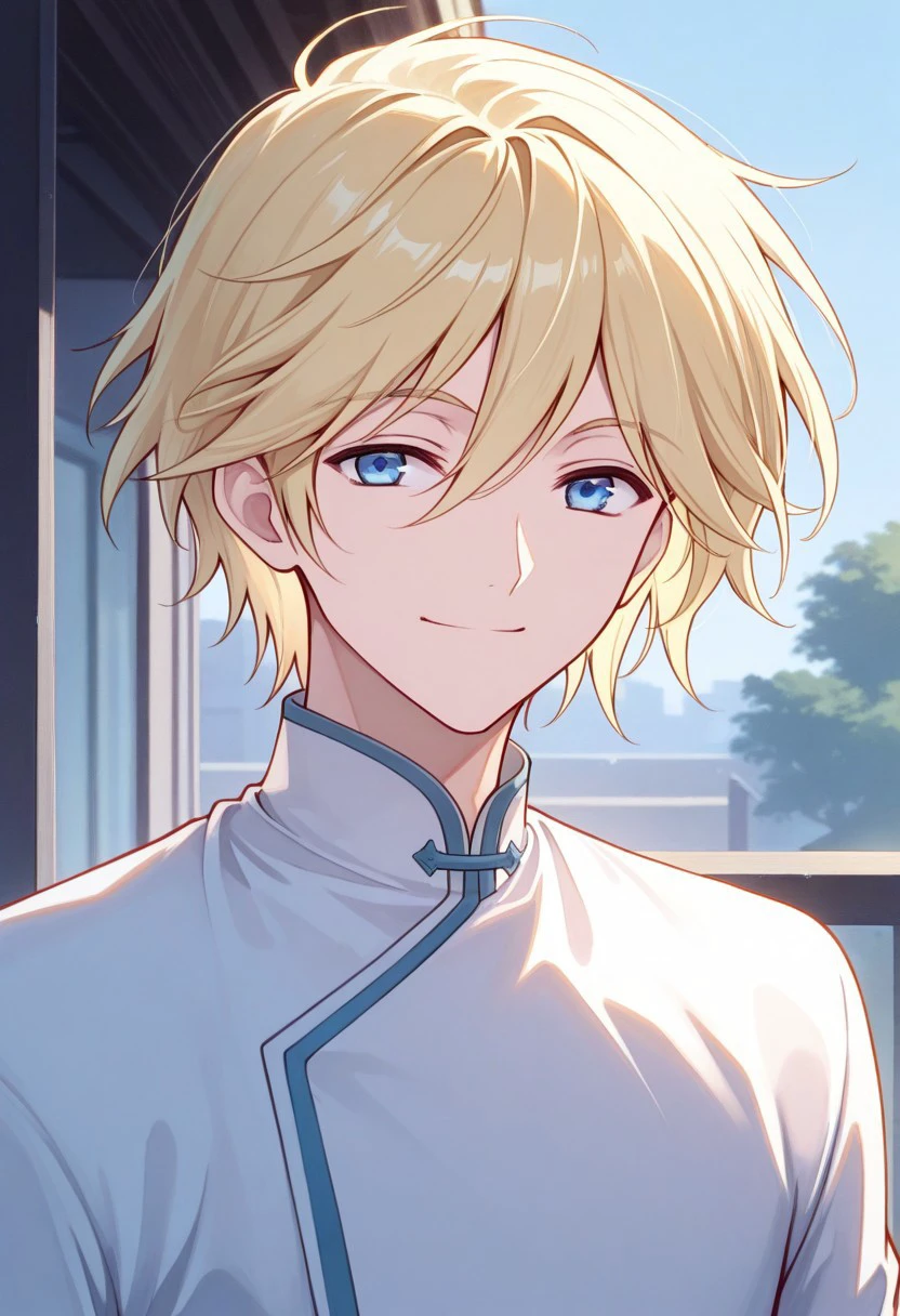 masterpiece, best quality,
fayd, 1boy, solo, male focus, blue eyes, blonde hair, shirt, white shirt, long sleeves, smile, portrait
outdoor,