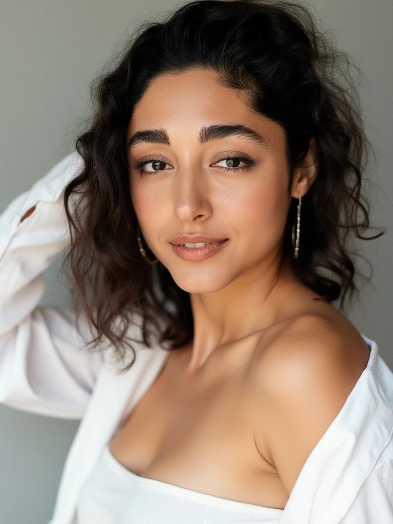 Editorial portrait of a woman,beautifully lit,masterpiece,A close-up shot of an attractive woman,she poses against a plain backdrop. Her gaze is framed by luscious eyelashes and a smile,She is wearing a white crop top with an open shirt,