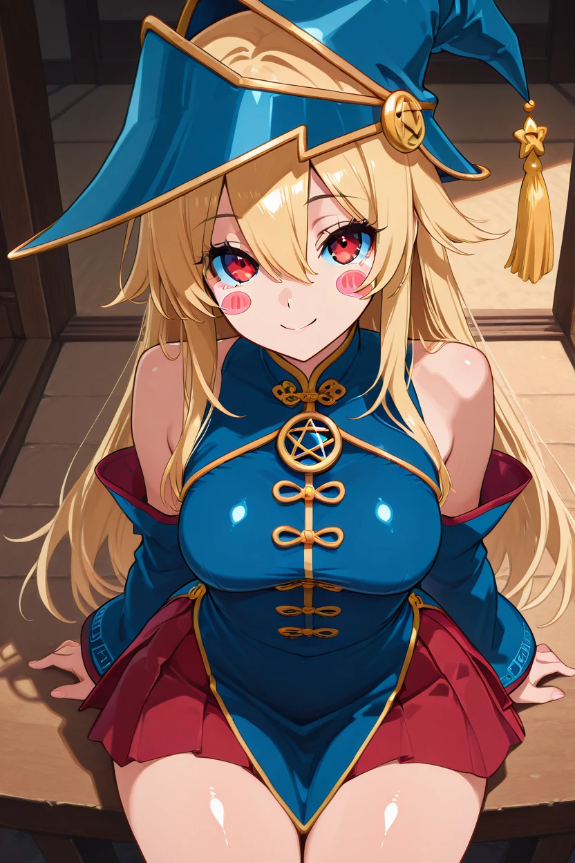 masterpiece, best quality, 1girl, solo, smile, looking at viewer, medium breasts, (curvy), cute, eyelashes, sitting, zzTasselStarCitron, hair between eyes, red eyes, blonde hair, long hair, wizard hat, bare shoulders, detached sleeves, blush stickers, blue headwear, red skirt, tassel, pleated skirt,  <lora:TasselStarCitronIXL_v4:1.0>, from above, dynamic pose, cowboy shot, smile, looking at viewer, shiny skin,