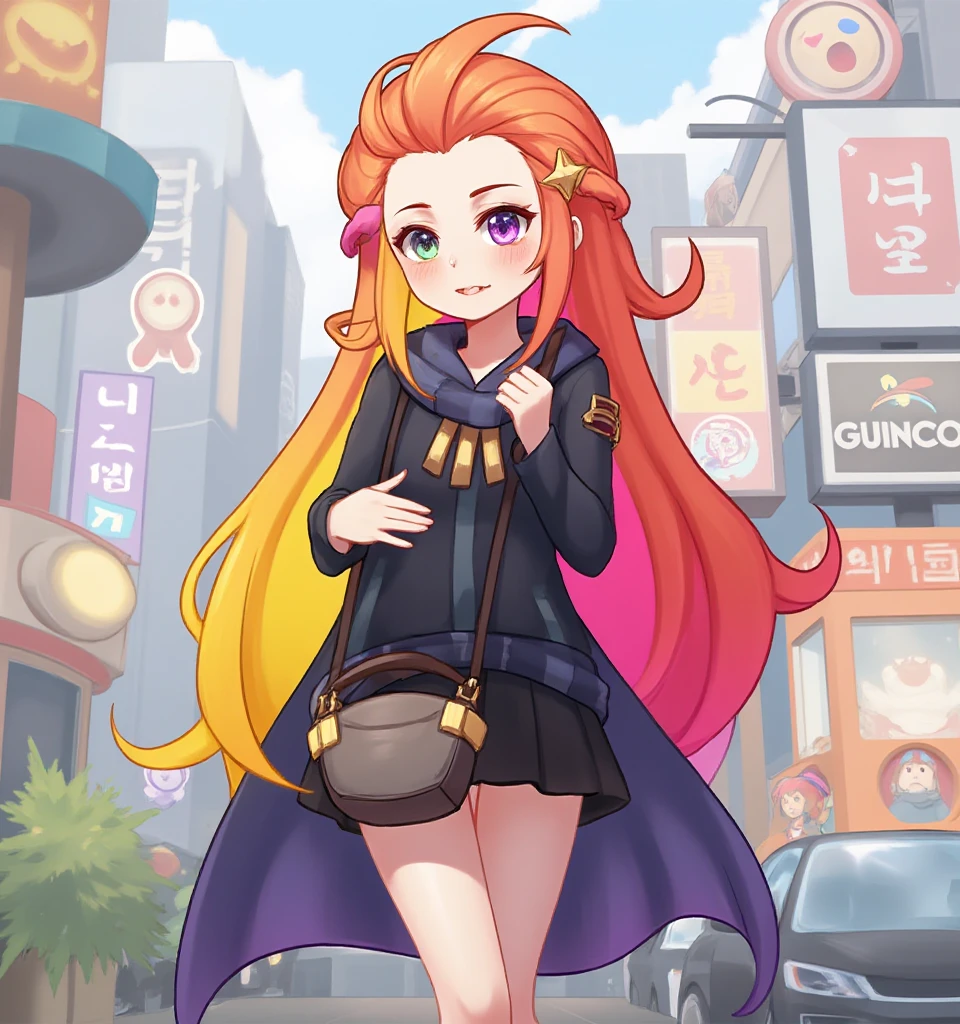 1girl,zoe,heterochromatic pupil,yellow and red hair,city,black shirt and skirt