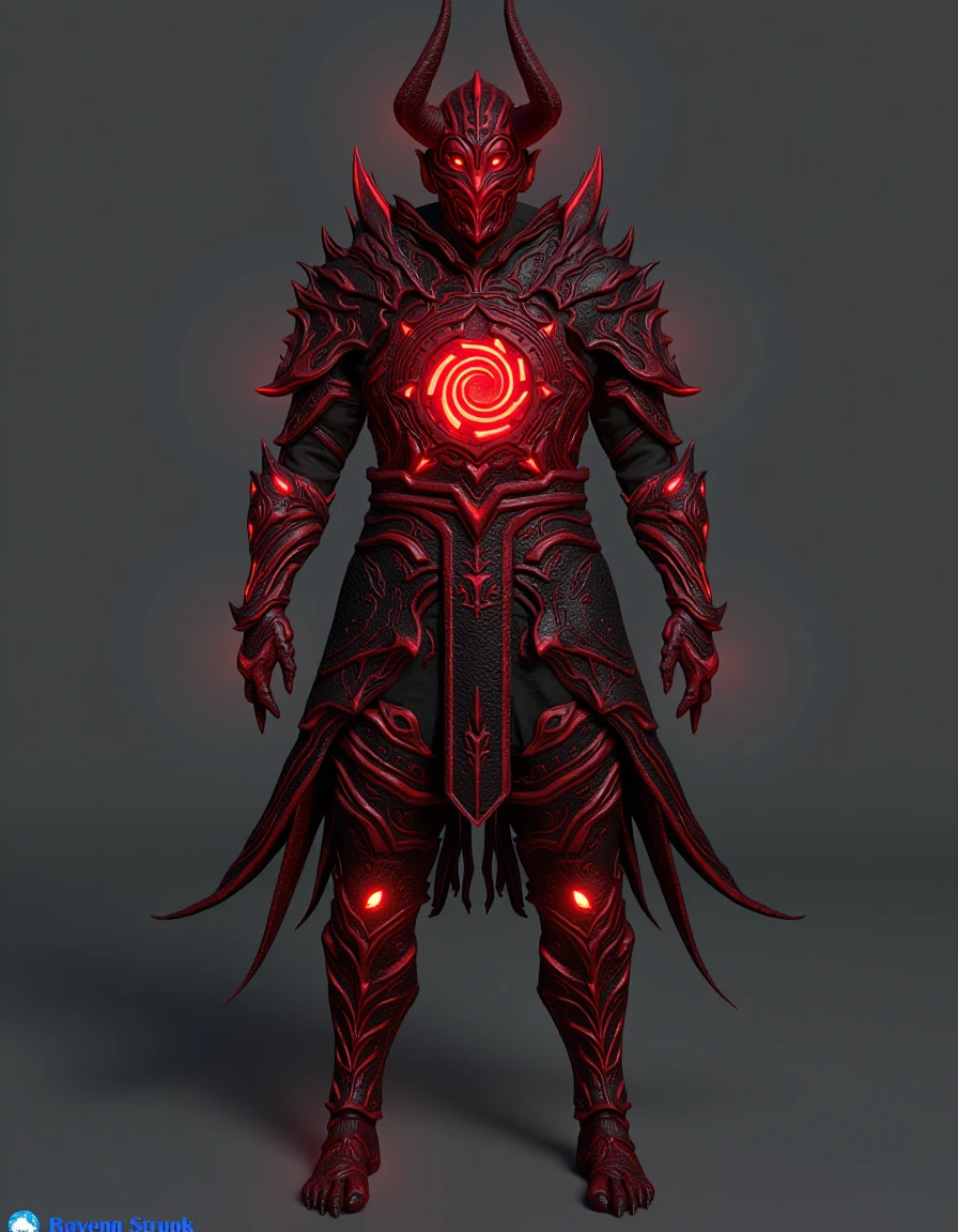 The image is a highly detailed CGI rendering of a fantastical, demonic warrior. The warrior is depicted in a full-body armor set, crafted from an intricate, swirling, glowing pattern of red and black, giving off an eerie, otherworldly aura. The armor features a prominent, glowing red spiral emblem on the chest, which is the central focus of the design.
,<lora:path_of_exile_flux:0.8>,