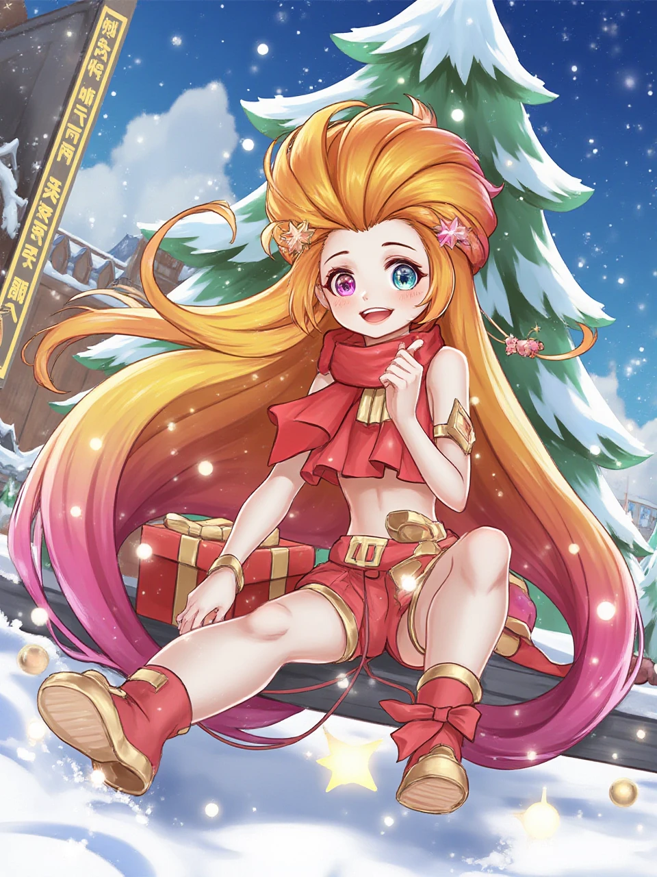 1girl,zoe,heterochromatic pupil,yellow and red hair,city,Christmas tree,gifts,snow