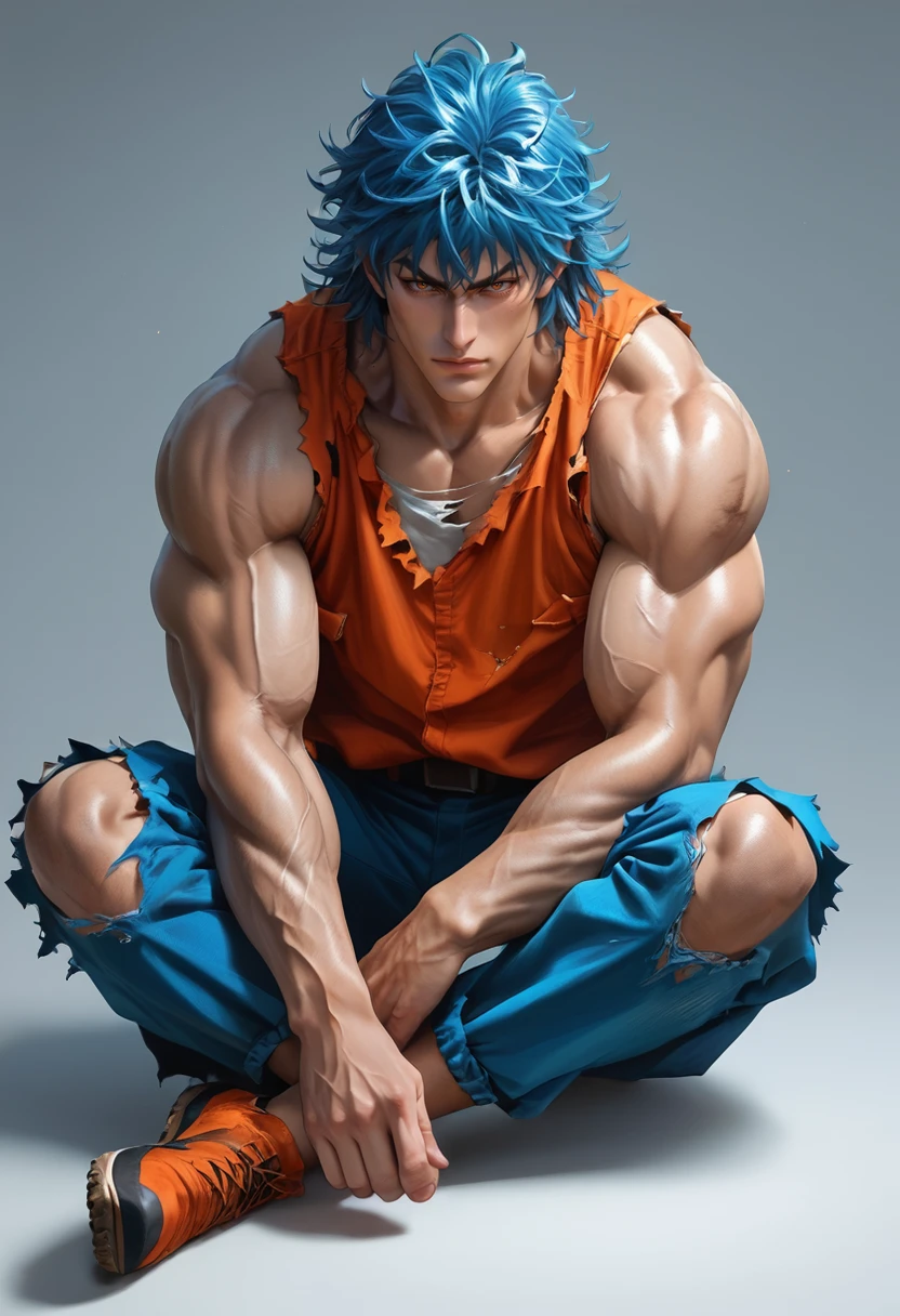 (masterpiece), (best quality), score_9, score_8_up, score_7_up, (masterpiece:1.2), (best quality:1.3), 1boy, simple background, <lora:Toriko:0.55> trko, muscular, sitting with elbows on knees, blue hair, orange sleeveless, torn clothes, masterful composition, dynamic movement