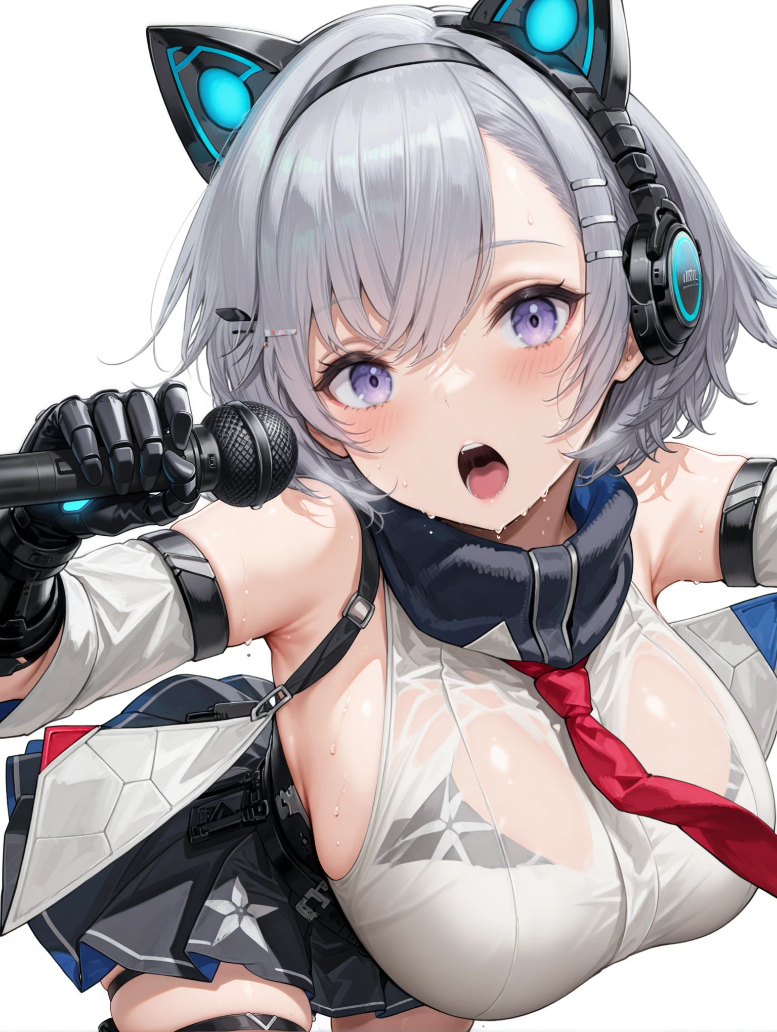 masterpiece,best quality,amazing quality,
solo,1girl,
<lora:reno_ilxl_v1:1>,reno,grey hair,purple eyes,hairband,hairclip,hair ornament,r_clothes,gauntlets,bare shoulders,detached sleeves,black skirt,thigh strap,skindentation,
<lora:Fixhands_anime_bdsqlsz_V1:1>,singing,microphone,speaker,cable,open mouth,fisheye,portrait,cat ear headphones,dancing,sweat,serious,holding_microphone,looking_at_viewer,simple_background,white_background,, masterpiece,best quality, very aesthetic, absurdres, ultra detailed, high resolution, 4k, extremely detailed CG,