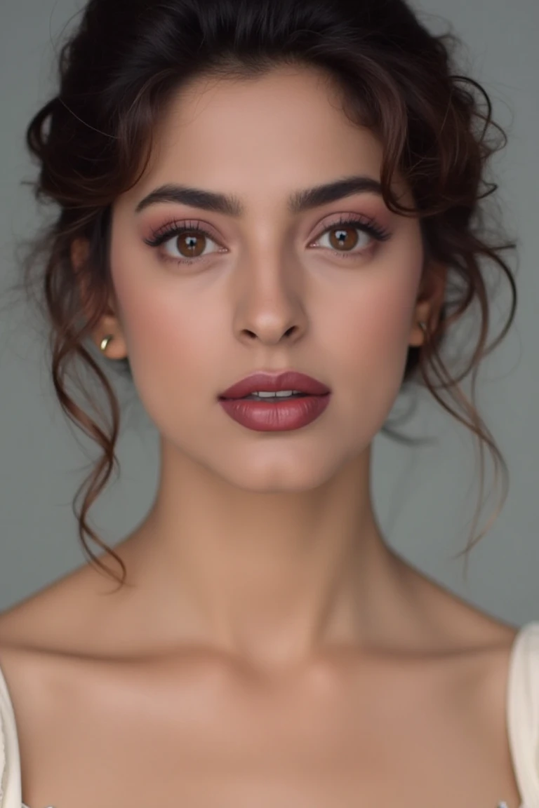 High quality realistic beauty shot of juhiflx. A close-up shot of a woman. She is wearing a camisole blouse. Her lips are dark red color. The backdrop is a light gray.