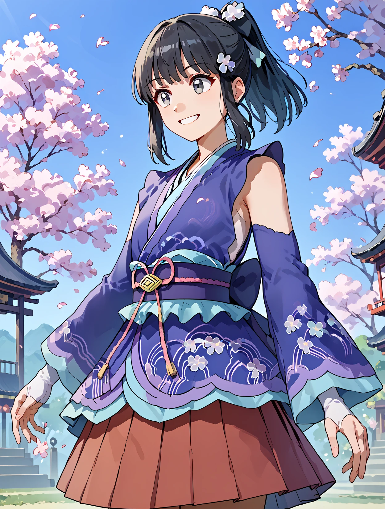 Leaning and pretending to pet an invisible kitten, Satellite imagery, solo, 1girl,  smile, <lora:DawnPony:1>Daw_NYear, long hair, black hair, ponytail, sidelocks, grey eyes, hair ornament, hair ribbon, purple kimono, detached sleeves, blue sleeves, red skirt, pleated skirt, white socks,, score_9, score_8_up, score_7_up,