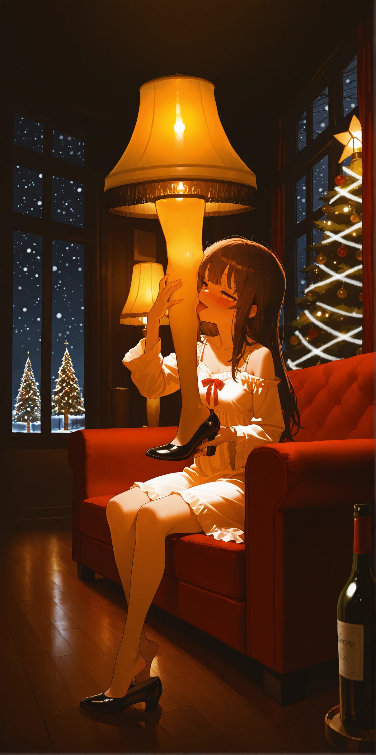 masterpiece, best quality, amazing quality, very aesthetic, high resolution, ultra-detailed, absurdres,
foot worship, (licking shoe:1.2), 
1girl, sitting, nightgown, (holding leglamp lamp above head:1.2), (drunk:1.2), happy, wine bottles on the floor,
residential home, window, christmas theme, christmas tree, interior night, cinematic lighting, 
snowing,