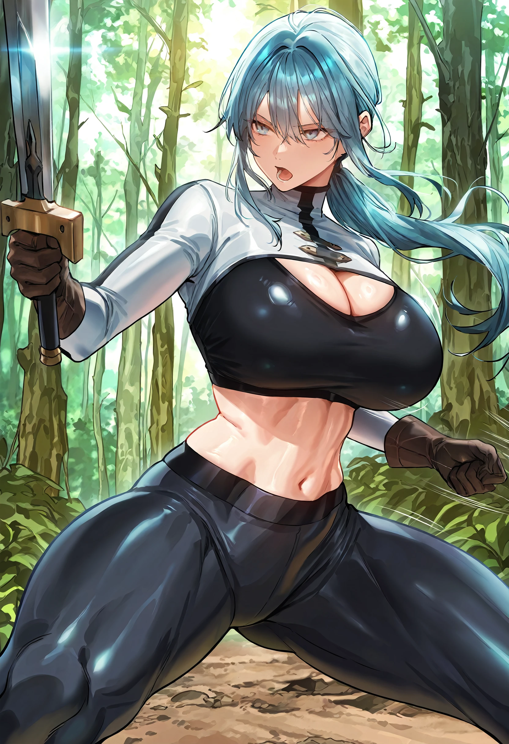 masterpiece, best quality, amazing quality, very aesthetic, absurdres, newest, scenery, 1girl, solo, huge breasts, serious, open mouth, <lora:Fiona Arente illustxl:0.9> blue hair, long hair, ponytail, hair between eyes, blue eyes, sidelocks, turtleneck, white shrug (clothing), black trim, (sports bra:1.1), black bra, cleavage, long sleeves, brown gloves, midriff, navel, black leggings, standing, spread legs, (holding sword:0.9), fighting stance, motion lines, forest, outside, looking away, shiny skin, masterpiece, best quality, amazing quality, very aesthetic, absurdres, newest, scenery