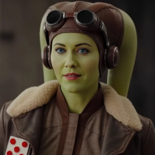 curved, sci-fi outfit, with her piercing blue eyes looking directly at the camera., futuristic appearance. She has pale green skin, CGI-generated image from the Star Wars universe, Hera . The image is a high-resolution photograph of a woman dressed in a futuristic, paired with a beige