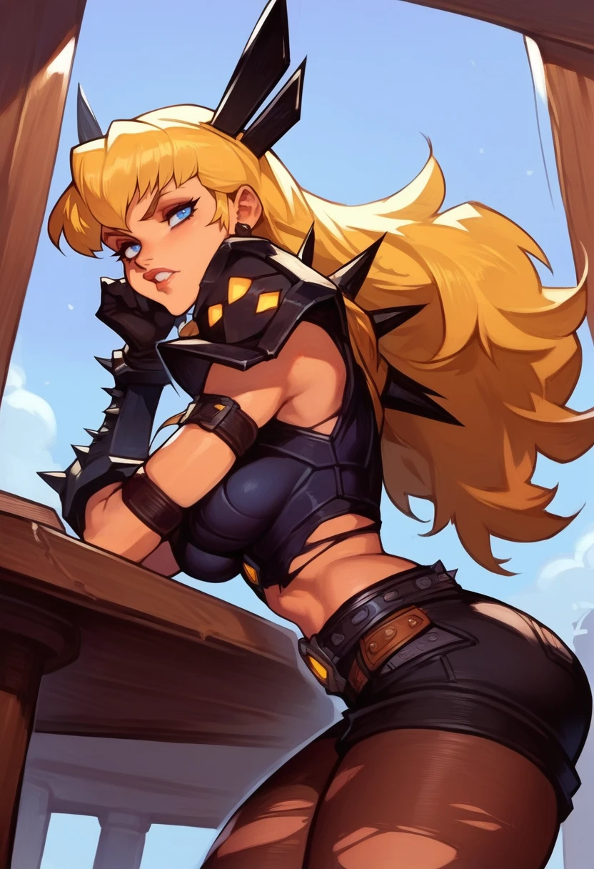 score_9, score_8_up, score_7_up, score_6_up, expressiveh, magik_rivals, 1girl, solo, blonde hair, long hair, hair accessory, eyeliner, blue eyes, earrings, cropped bodysuit, black bodysuit, armor, vambraces, gloves, black gloves, black clothes, yellow details, short shorts, belt, pantyhose, ripped pantyhose, spikes, posing, pose, godrays, breasts, masterpiece, best quality, sexy, seductive, looking at viewer, half-closed eyes, cropped, cowboy shot, narrow waist, perfect body, sexy pose, seductive pose, biting lips, horny, slut, leaning forward, leaning in, from below, leaning over table, breasts focus <lora:[GP] somethingweird [Pony XL]:1> <lora:Magik_Marvel_Rivals_-_PonyXL:0.7>