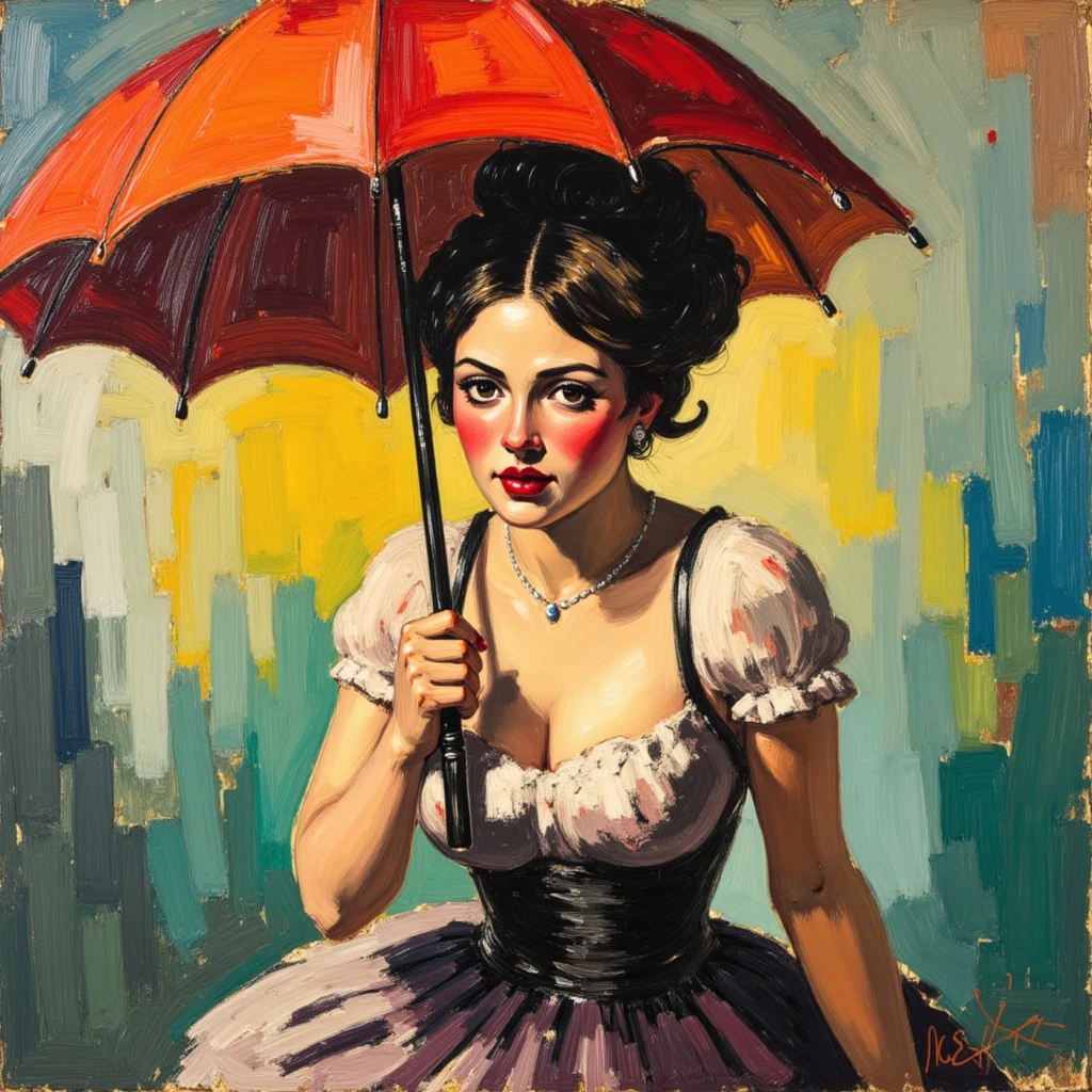 a AshcanScho Expressive Oil on canvas. Broad brushstrokes. A vaudeville singer woman with an umbrella