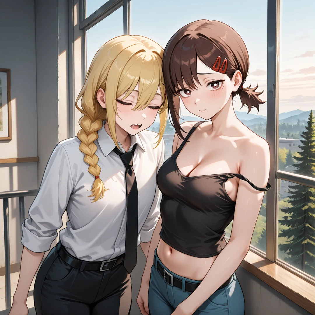 black belt, black necktie, blonde hair, braided ponytail, cleavage, collared shirt, cowboy shot, hair between eyes, hairclip, higashiyama kobeni, holding, holding weapon, looking at viewer, male focus, medium breasts, navel, necktie, pants, railing, ringed eyes, sharp teeth, shirt, short hair, sidelocks, sky, sleeping, soles, strap slip, swept bangs, tank top, toeless legwear, tree, white shirt, window, yuri,<lora:ChainsawstyleByOOA-10:1>, masterpiece, best quality, amazing quality, very aesthetic, absurdres, newest, scenery, perfect face,intricate,beautiful scenery,ultra realistic 8k CG,perfect artwork,absurdres, anime 2D, vibrant colors, sharp lines, smooth,edges,