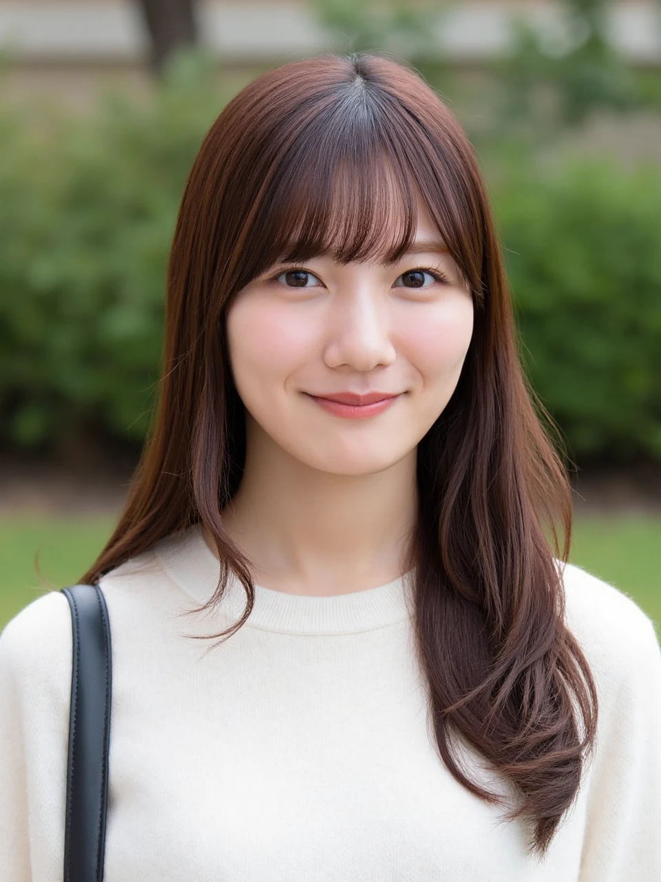 The image is a close-up portrait of a young woman named kawata with long hair and bangs, The hair tips are wavy. Her skin is very fair and her figure is slim. She looked at the camera with a smile on her face. She is wearing a white sweater and has a Black shoulder bag slung over her shoulder. The background appears to be a park or garden with trees and bushes.