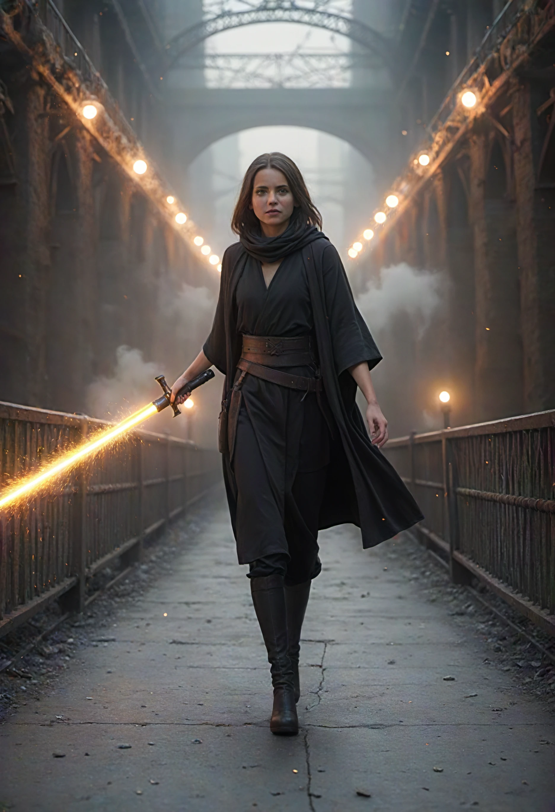 cinematic film still,"a fierce female jedi inside the core of the deathstar,walking toward viewer,light saber,metal bridge,sparks,haze,smoke",closeup,approaching perfection,dynamic,highly detailed,smooth,sharp focus,art by Carne Griffiths and Wadim Kashin,trending on artstation,sharp focus,intricate details,highly detailed,by greg rutkowski,mysterious,epic,cinematic,create a photo realistic image that the viewer has never envisioned before,the image should demonstrate extreme creativity,imaginative,bold,inspiring,original in subject,original in style,amazing composition,intricately detailed,absurdly complex,facing the viewer,detailed face,sexy outfit,. shallow depth of field,vignette,highly detailed,high budget,bokeh,cinemascope,moody,epic,gorgeous,film grain,dynamic angle,closeup,