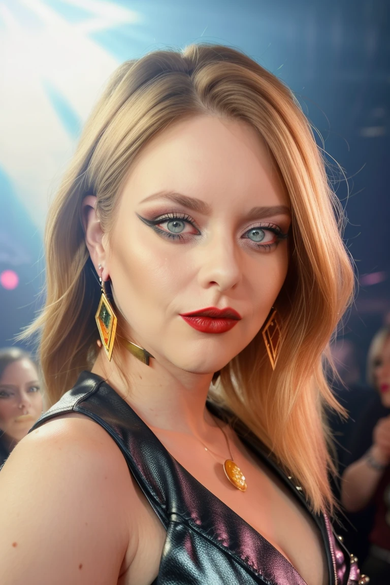 ,  best quality,  realistic,
 <lora:quiron_LauraGuldemond_v050330_Lora:0.87> lauraguldemondQuiron, makeup, blonde hair,   jewelry, looking at viewer, earrings, blue eyes,   lips, lipstick, Standing with one hand touching the chin, 
Dappled Light, (look at viewer),intricate detailed, flash photography, amazing photo of a pretty woman , at blurred background crowded nightclub party  background,