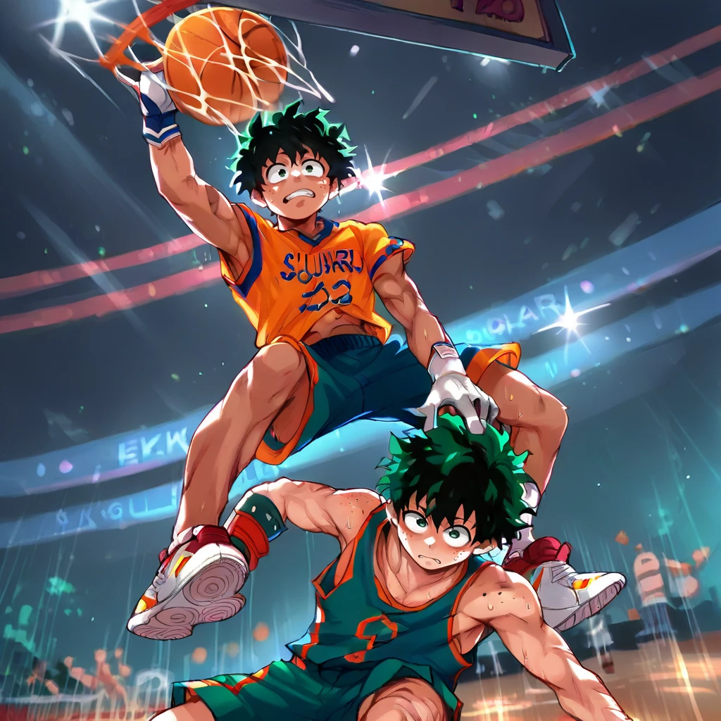 score_9, score_8_up, score_7_up, score_6_up, score_5_up, score_4_up, zPDXL2,source_anime,rating_questionable,  <lora:Venom_Dunk:0.8> v3nm, basketball (object), 2boys,deku, izuku , sportswear, basketball uniform