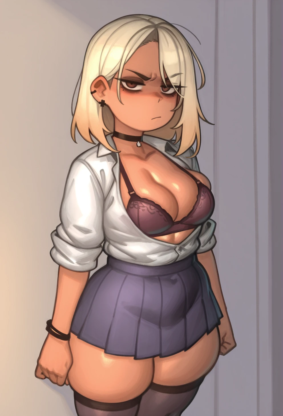 masterpiece, best quality,
<lora:KelvinHiu:1> K3lv1nH10, 1girl, solo,standing, looking at viewer, disdain,blonde hair, medium hair, gyaru, medium breasts,school uniform, skindentation, cleavage, skirt, thighhighs, choker, earrings, sleeves rolled up, underwear, bra,