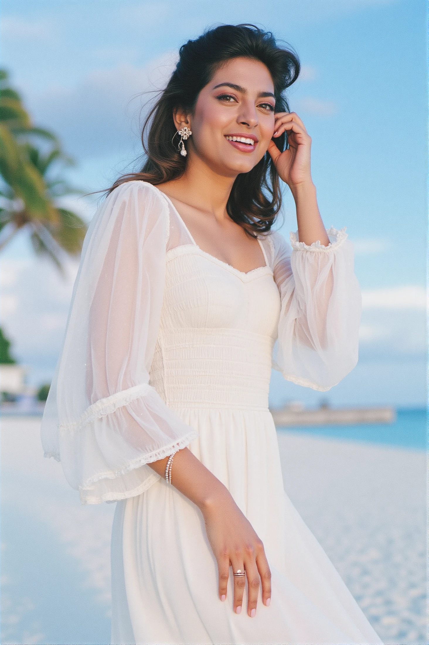 (photo of juhiflx, a pretty brunette woman), editorial photoshoot, long flowy dress, close up, on a beach, shot on film camera, kodak colors, close up, elegant pose, perfect lighting, beautiful sky behind, beautiful smile, 90mm lens, extremely detailed, in an exotic location like maldives